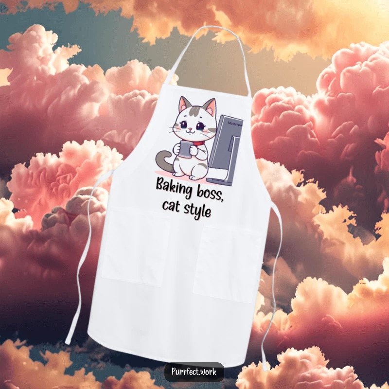 Funny apron with a cheerful office cat holding coffee, intently watching a monitor, perfect for kitchen fun.