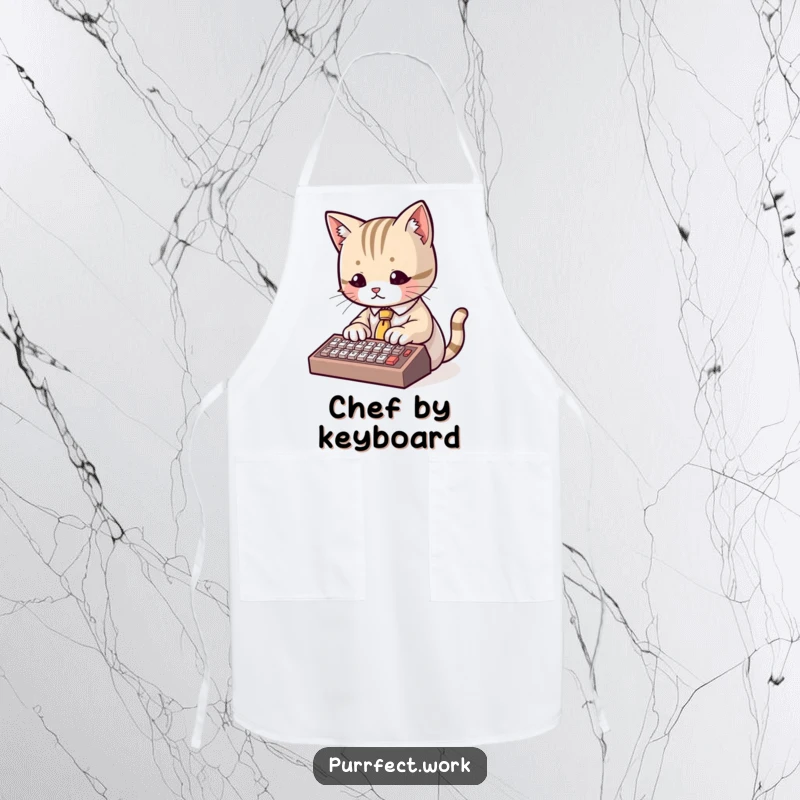 Funny Apron featuring a cute cat wearing a tiny tie and typing on a miniature keyboard, ideal for a humorous and professional cook.