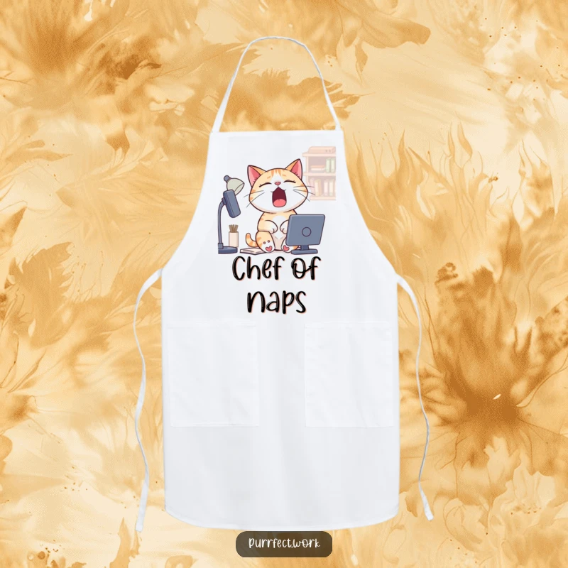 Funny Sleepy Cat Apron: A kitchen apron featuring a cat yawning at a desk, ideal for cooking with a humorous, tired vibe.