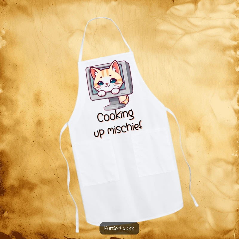 Funny cat apron with a cat peeking from behind a computer monitor, ready for kitchen mischief.