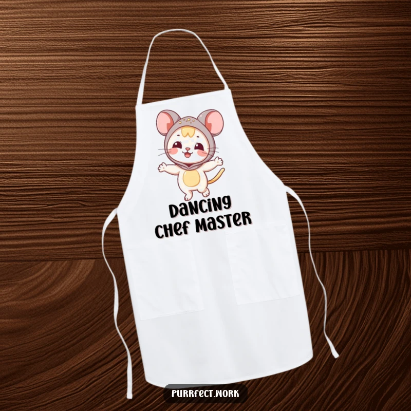 Funny Mouse Cat Apron: A cat in a mouse costume is dancing, designed as a humorous cooking apron.