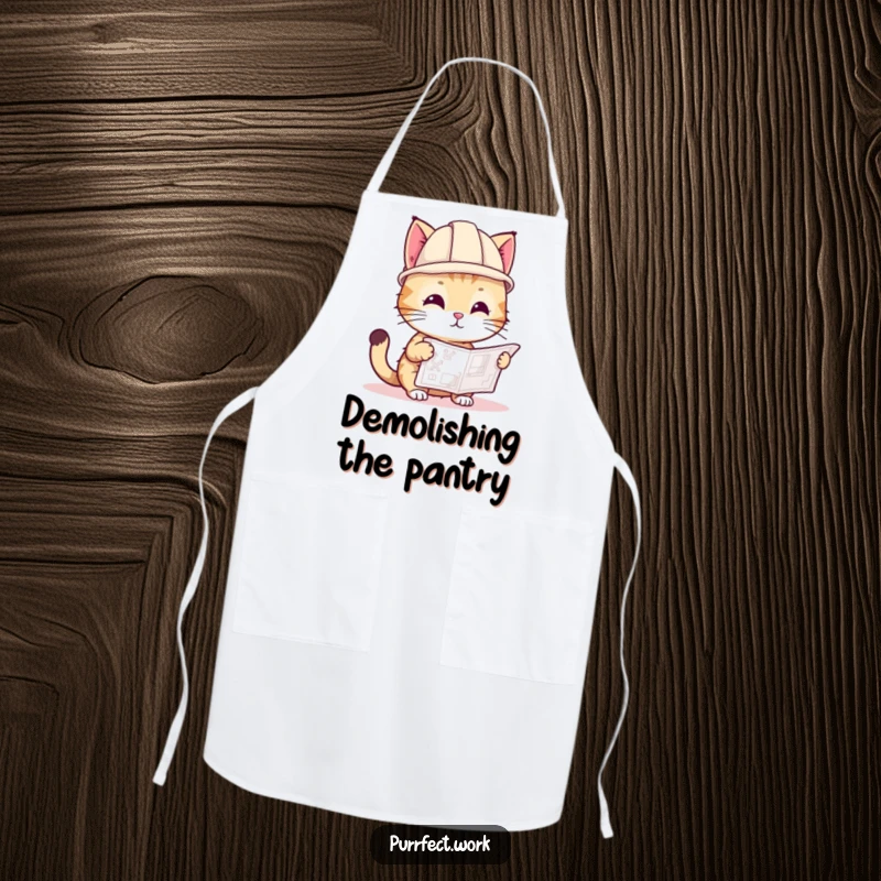 Funny apron featuring a playful cat in a hard hat, examining a blueprint, great for kitchen projects and DIY tasks.