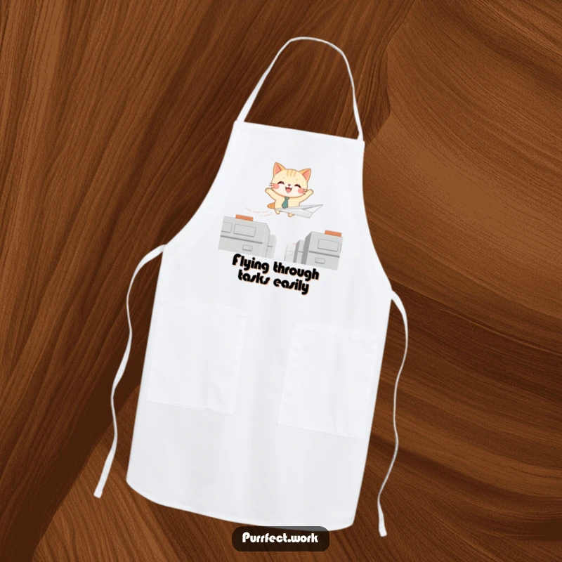 Funny apron showing a joyful cat in a tie flying a paper airplane over cubicles, perfect for a humorous kitchen experience.