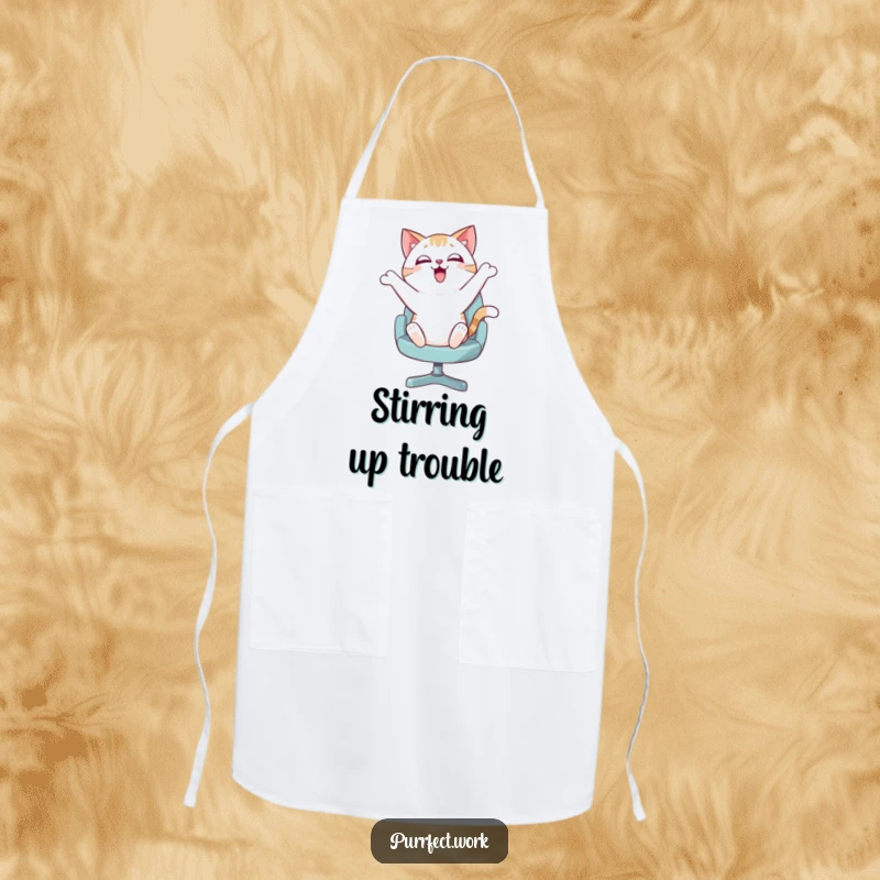 Funny apron featuring an enthusiastic cat bouncing energetically on a swivel chair, perfect for adding humor to kitchen activities.