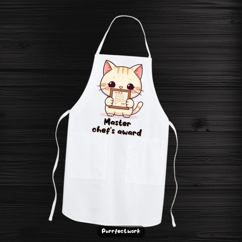 Funny cat chef apron showing a proud cat holding a framed document, ready to cook with a sense of accomplishment and humor.