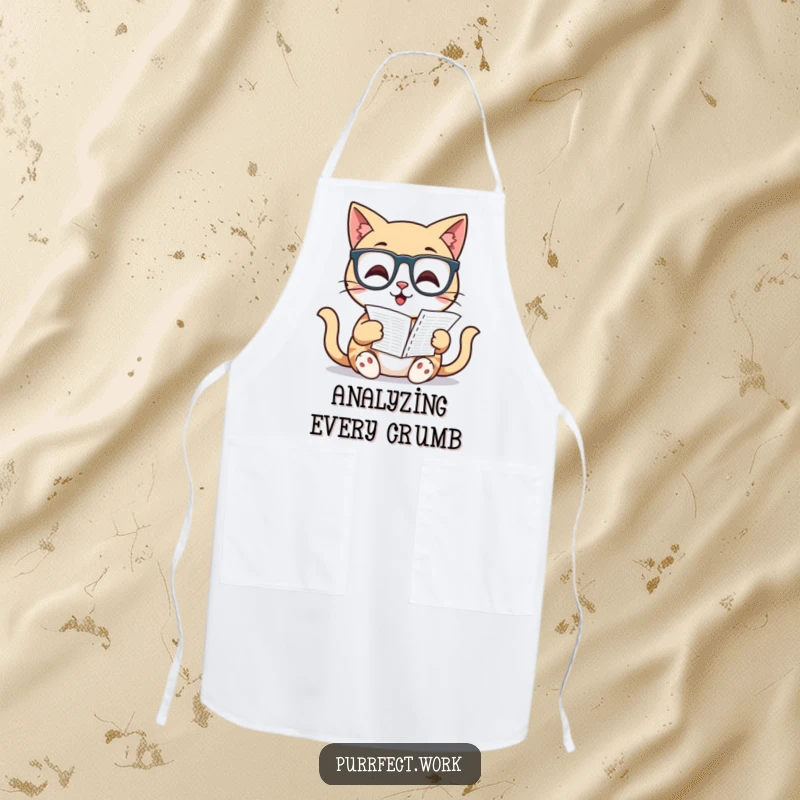 Funny Cat Apron: A focused cat in glasses reads a spreadsheet, adding humor to kitchen duties for a playful cook.