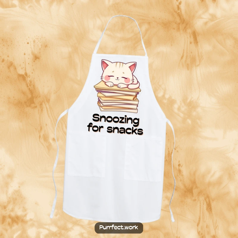 Funny Cat Apron: A cat sleeps on a pile of papers, adding humorous charm to kitchen activities for a relaxed chef.