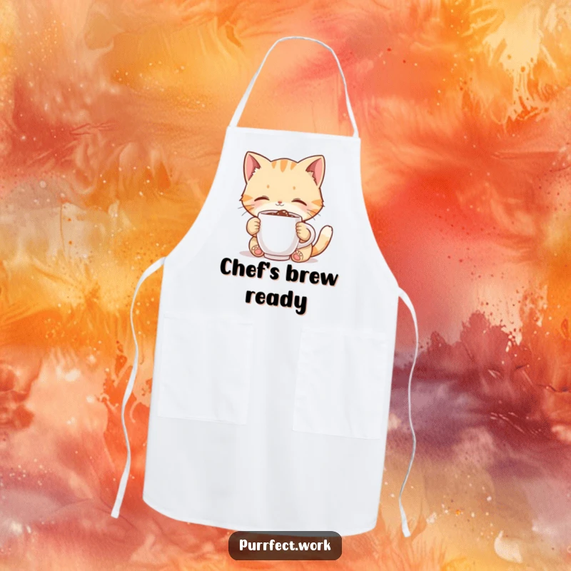 Funny cat apron, cute character joyfully sips a tiny coffee mug, perfect for kitchen fun and keeping clean.