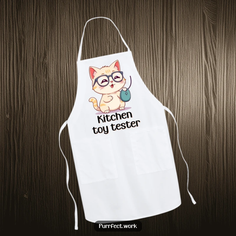 Funny apron with a playful cat wearing glasses batting a computer mouse, perfect for kitchen fun.