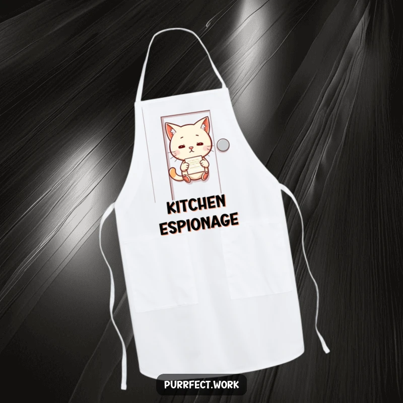 Funny apron featuring a mischievous cat slipping a memo under a door, great for kitchen tasks with a playful twist.