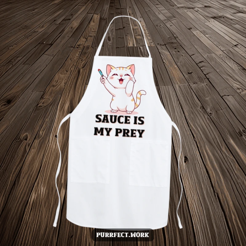 Funny apron featuring a cat playfully batting at a dangling pen, perfect for adding a touch of feline fun to cooking.