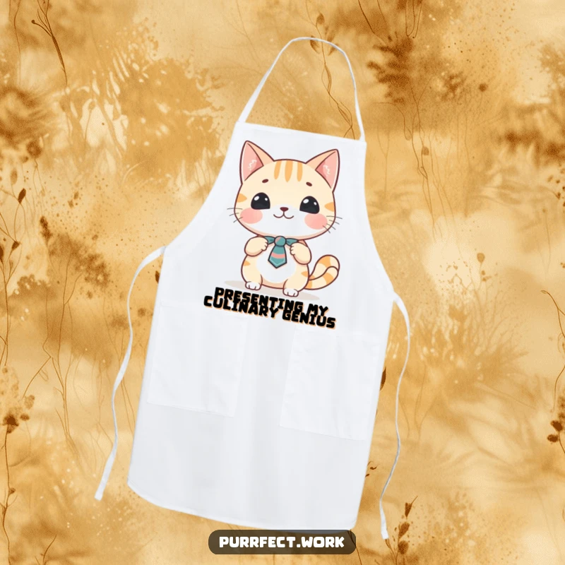 Funny cat presentation apron showing a cheerful cat character in a tie, gesturing enthusiastically while giving a presentation to imaginary audience.