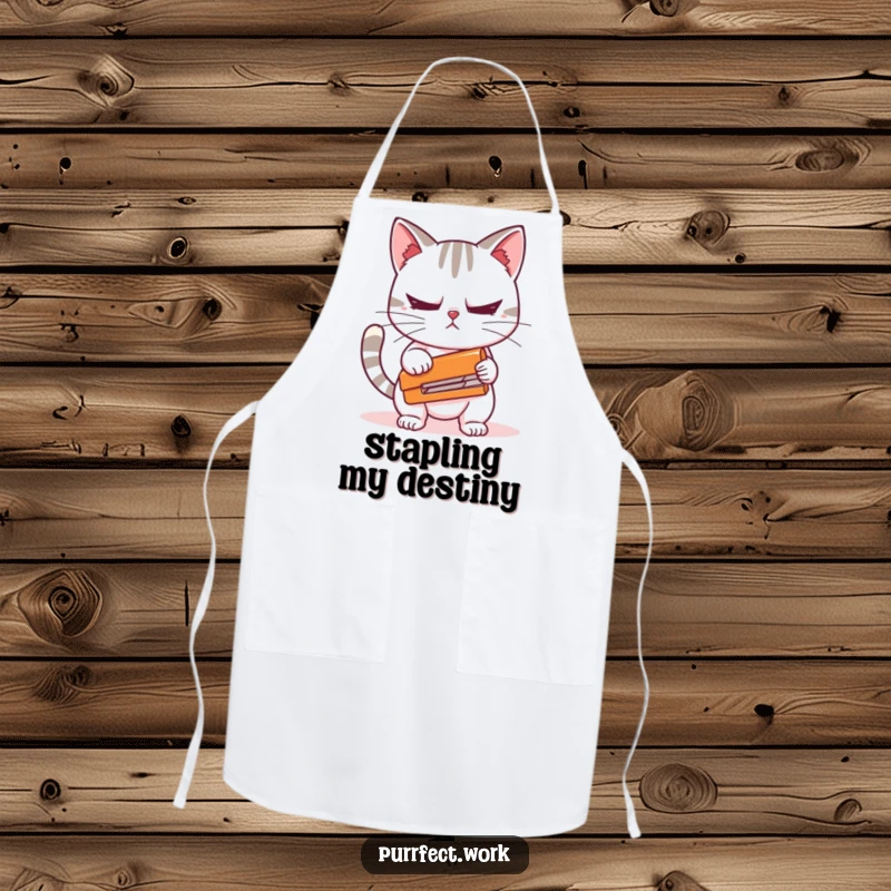 Funny apron featuring a cat character nervously holding a stapler, ideal for kitchen humor and as a unique, funny gift.