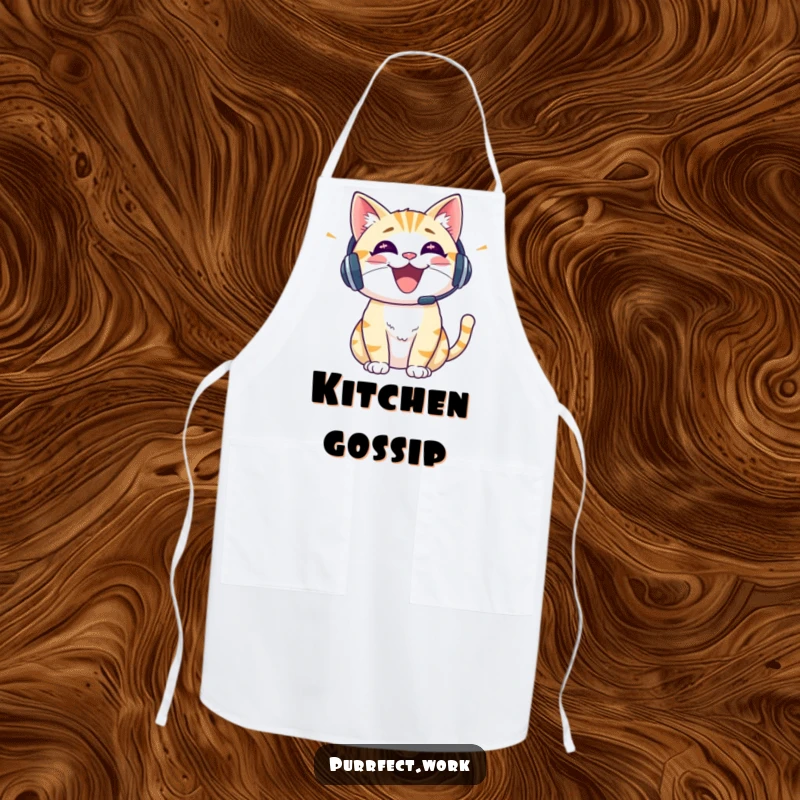 Funny cat with a headset talking on a kitchen apron, blending communication and practicality.