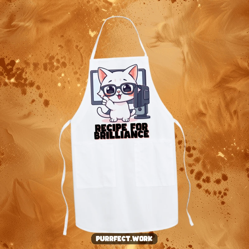 Funny apron with a cat wearing glasses enthusiastically pointing at a computer screen, ready for kitchen guidance.