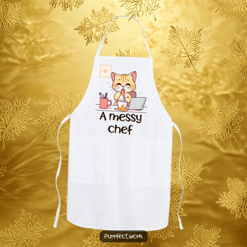 Funny apron graphic showing a cat comically spilling coffee at a desk, perfect for kitchen humor for coffee lovers.