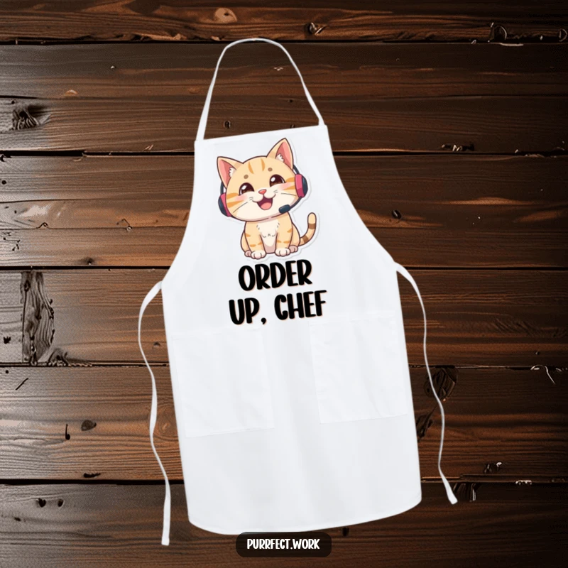Funny gamer cat apron, cat with a headset looking alert and engaged in the kitchen, humorous and protective cooking wear.