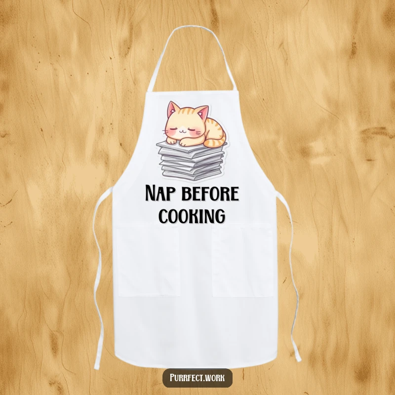 Funny Apron showing a cat peacefully napping on a stack of papers, ideal for a relaxed cooking experience.