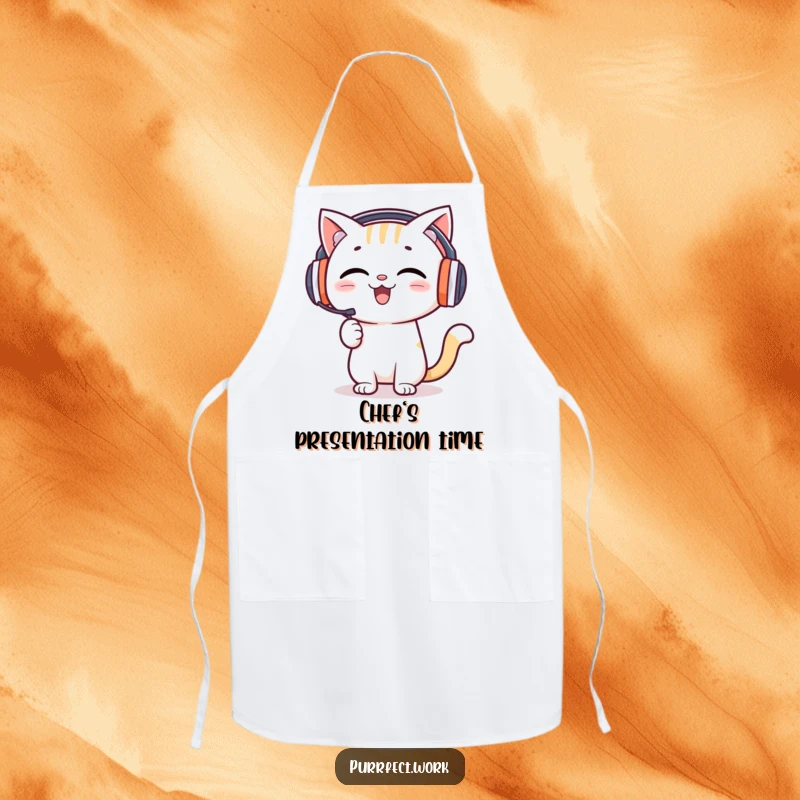 Funny apron with a happy cat wearing headphones enthusiastically presenting, perfect for kitchen fun.
