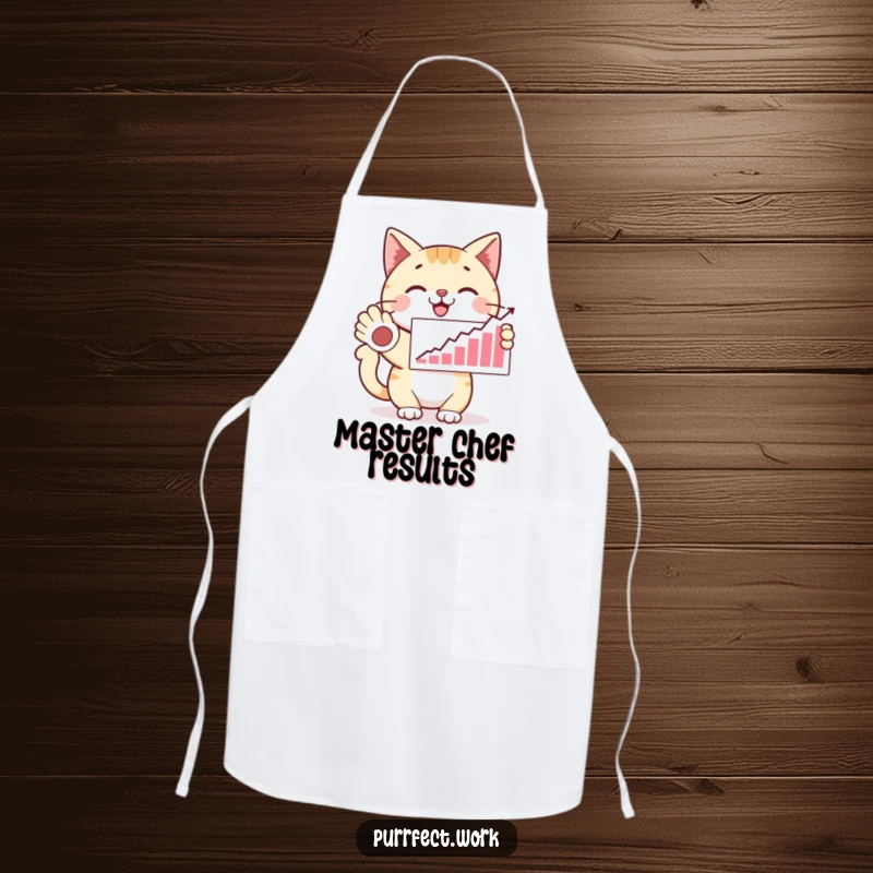Funny happy cat presenting a graph with a paw, looking looking proud, a humorous apron for cooking and a funny gift.
