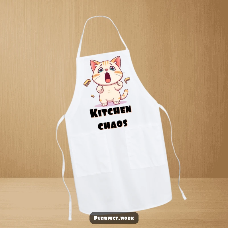 Funny Apron showcasing a surprised cat character juggling tiny staplers, ideal for kitchen protection with a humorous, office-themed design.