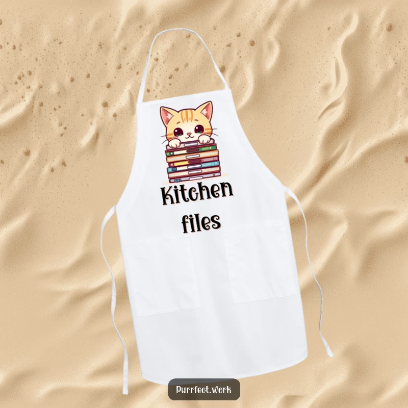 Funny apron with a curious cat peeking over office files, symbolizing playful kitchen investigation.