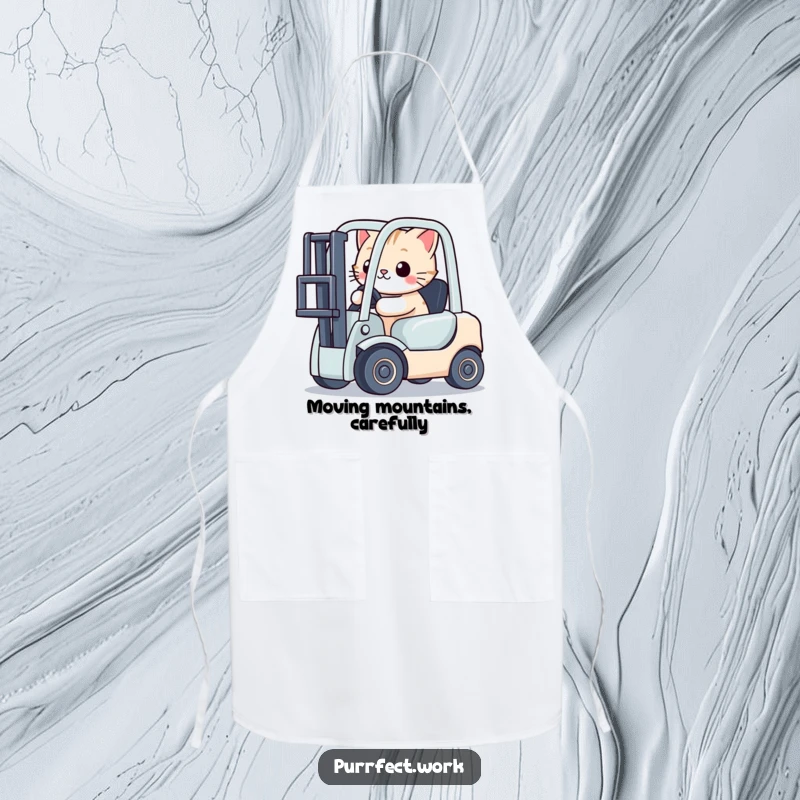 Funny cat focused on driving a tiny toy forklift while wearing a chef's hat, on a humorous kitchen apron.