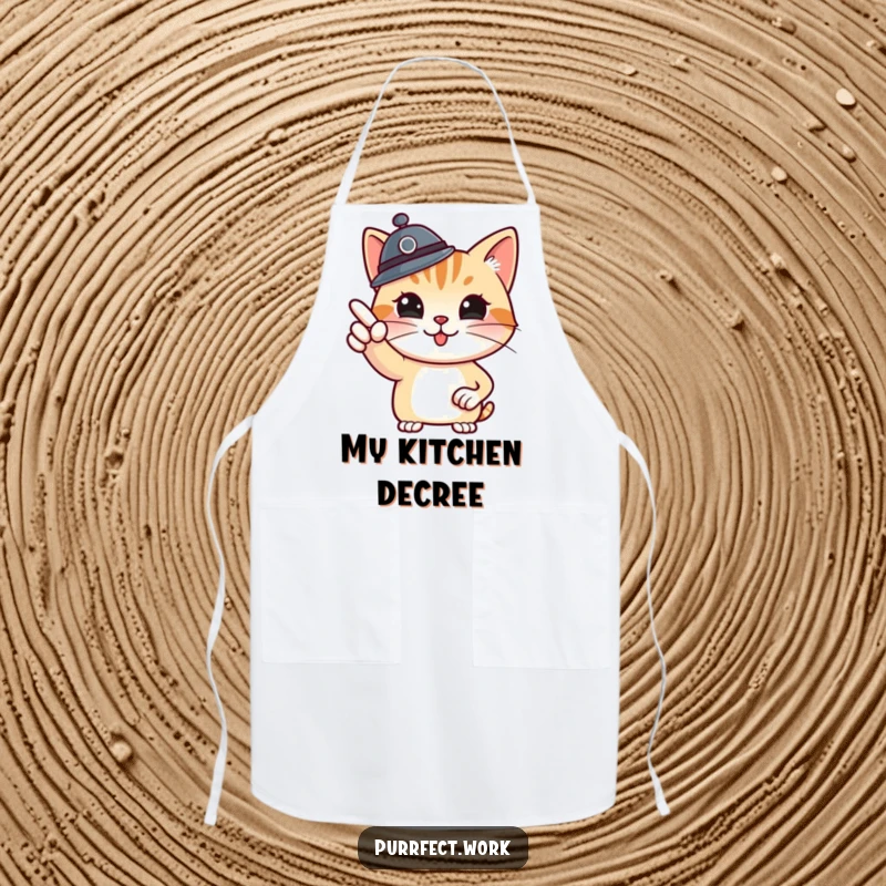 Funny boss cat apron, cat leader in the kitchen pointing at a whiteboard, humorous and protective wear for culinary commanders.