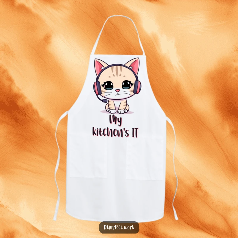 Funny cat chef apron showing a focused cat wearing a headset, ready to tackle culinary tasks with precision and humor.