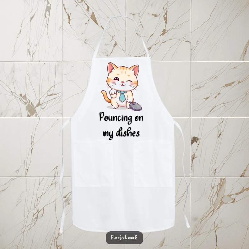 Funny cat apron, a cat in a tie playing with a mouse cursor, ideal for cooking and baking sessions.