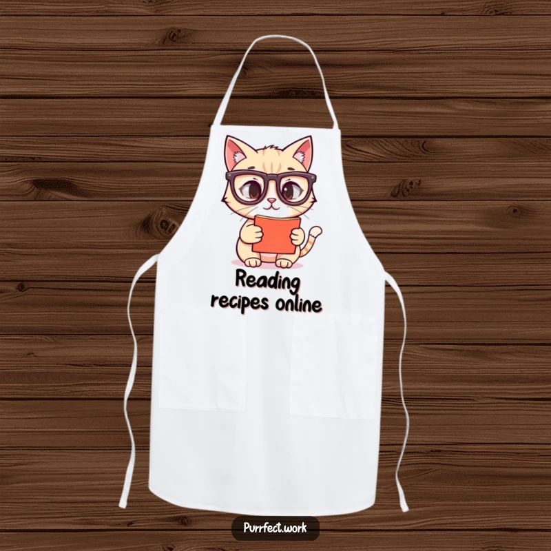 Funny apron with a cat wearing reading glasses, intently looking at a screen, ideal funny gift for cooks.
