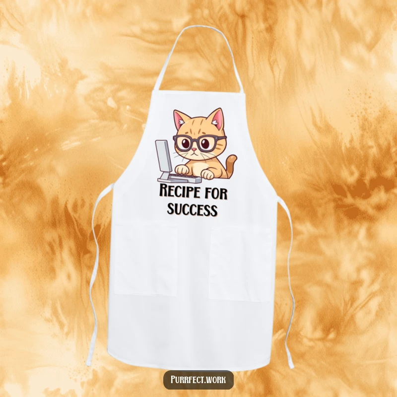 Funny apron graphic showing a cat wearing glasses, intently focused on a computer screen, perfect for kitchen intellectual humor.