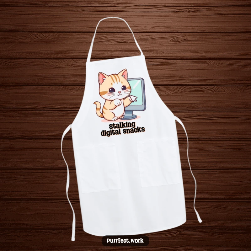 Funny apron graphic of a cat’s paws reaching for a computer mouse cursor on a screen, suggesting humorous kitchen tech support.