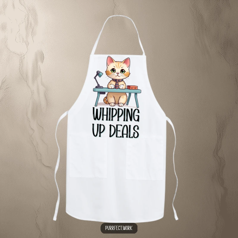 Funny apron featuring a cat in a tiny tie, sitting at a miniature desk, perfect for adding a professional yet humorous touch to cooking.