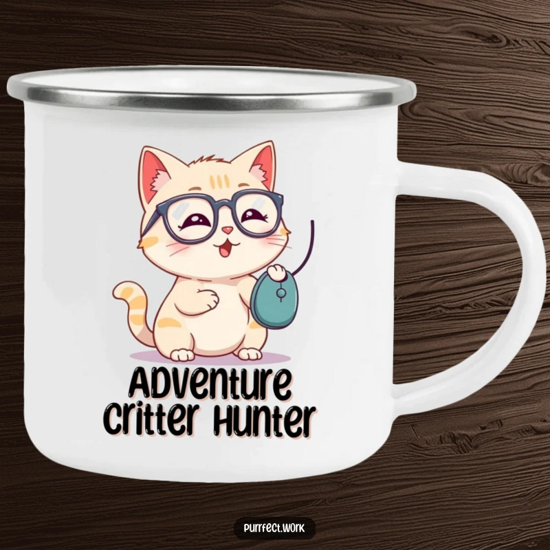 Funny camping mug featuring a playful cat with glasses batting a computer mouse, ideal for outdoor enthusiasts.