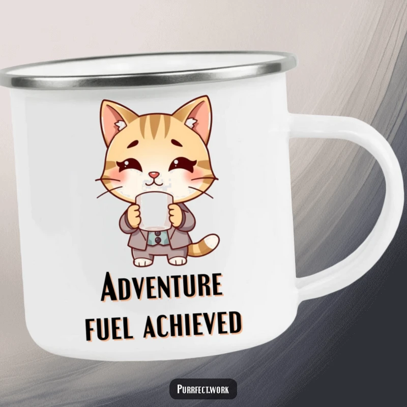 Funny Boss Cat Camping Mug: A cat in a suit holding a coffee mug, designed for outdoor use.