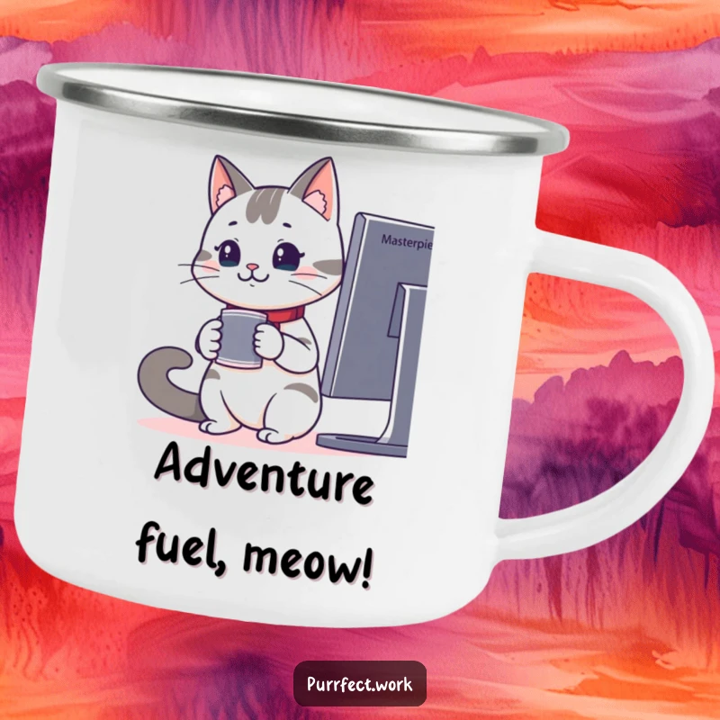 Funny camping mug featuring a cheerful office cat with coffee, watching a monitor, ideal for outdoor enthusiasts.