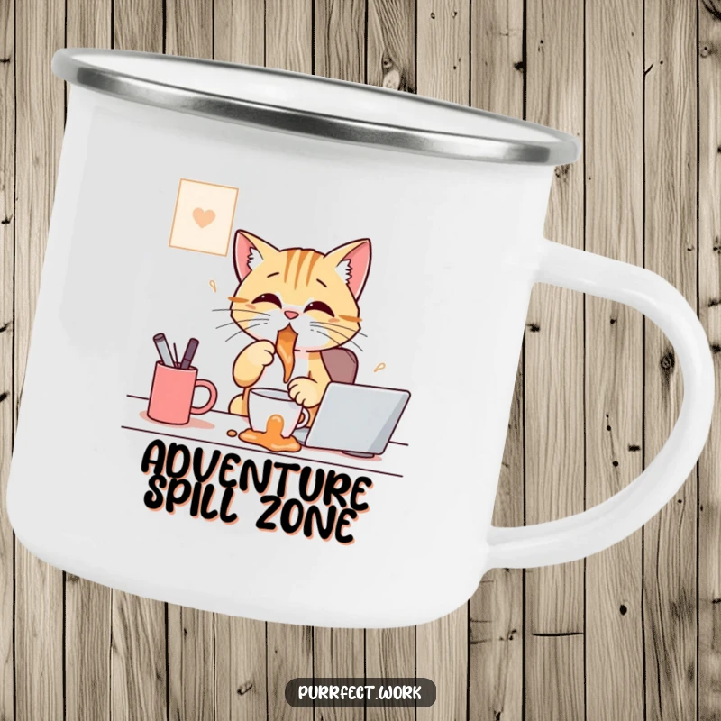 Funny enamel camping mug with a cat comically spilling coffee at a desk, designed for humorous outdoor coffee enjoyment.
