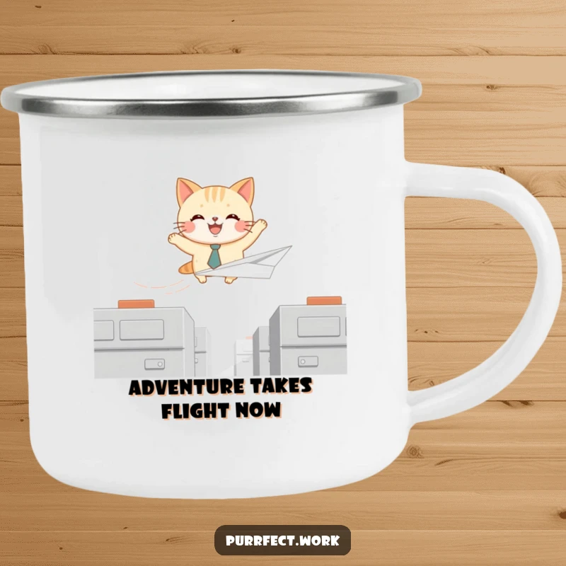 Funny camping mug with a joyful cat in a tie flying a paper airplane over cubicles, designed for outdoor humor.