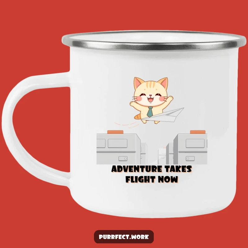 Funny Cat Tie Pilot Camping Mug: Durable Feline Soaring, Adventure Humor Outdoors