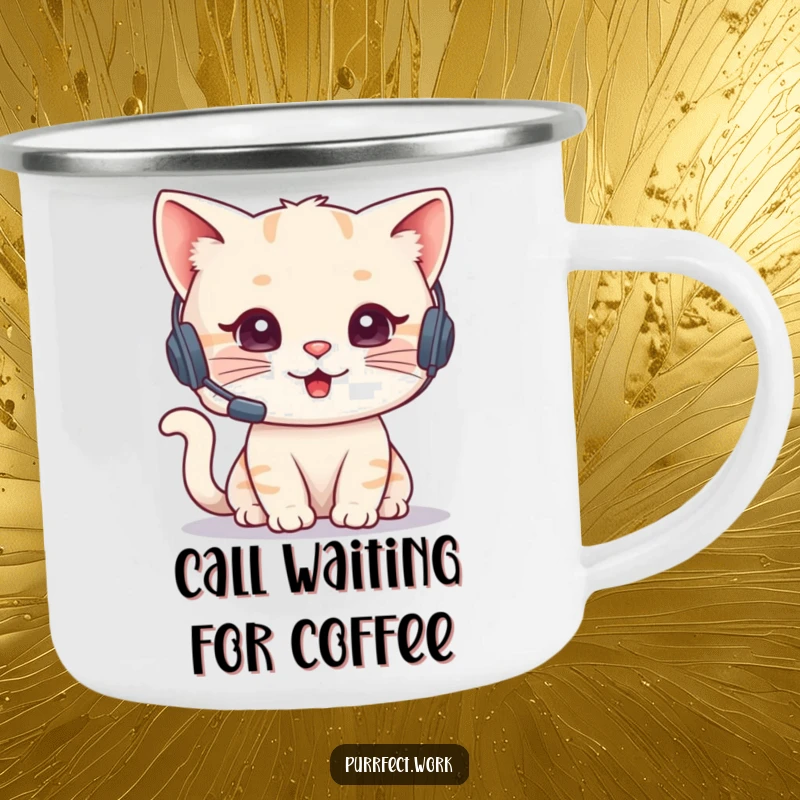 Funny Cat Agent Camping Mug featuring a cute cat with a headset talking on the phone, ideal for outdoor communication. Durable enamel mug.