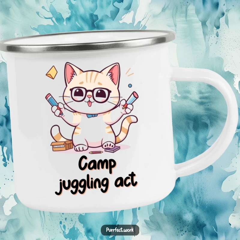 Funny camping mug with a cat focused on juggling office supplies, representing adventure and multitasking.