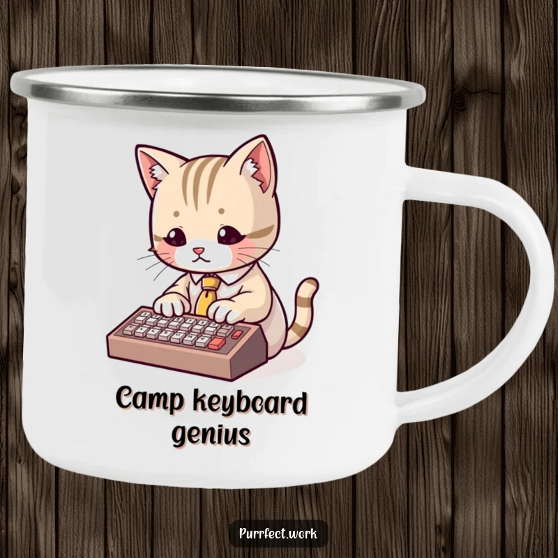 Funny Camping Mug showing a cute cat in a tiny tie typing on a miniature keyboard, ideal for humorous, professional outdoor enthusiasts.