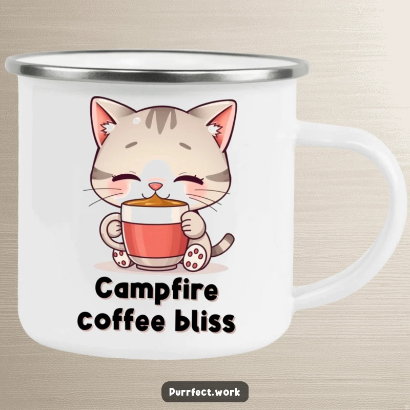 Funny cat camping mug showing a happy cat sipping from a small mug, perfect for enjoying drinks outdoors with a dose of feline cheer.