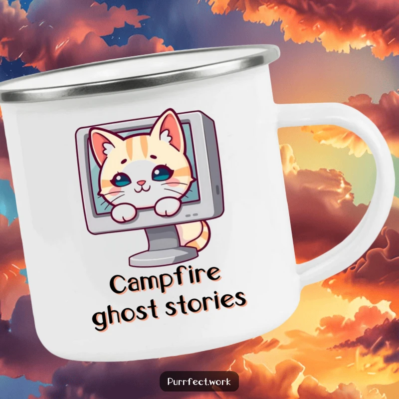 Funny cat camping mug with a mischievous cat peeking from behind a computer monitor, ready for outdoor fun.