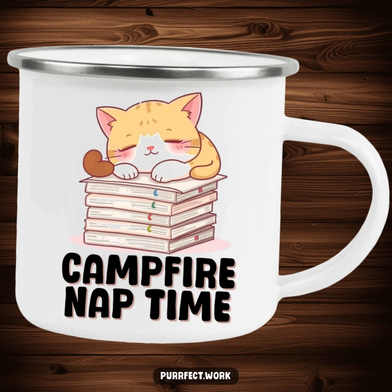 Funny camping mug with a cat napping on important documents, perfect for enjoying drinks outdoors with feline humor.