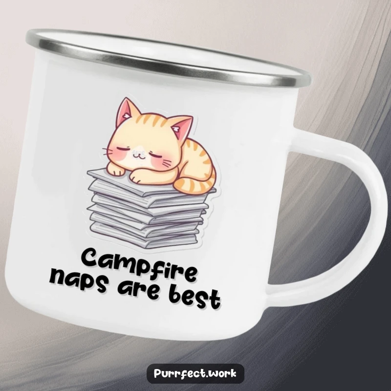 Funny Camping Mug with a cat napping on papers, designed for durability and outdoor relaxation.