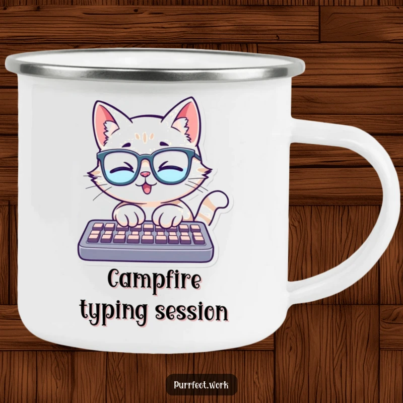 Funny camping mug featuring a cat with glasses, typing enthusiastically on a keyboard, bringing intellectual charm to outdoor settings.
