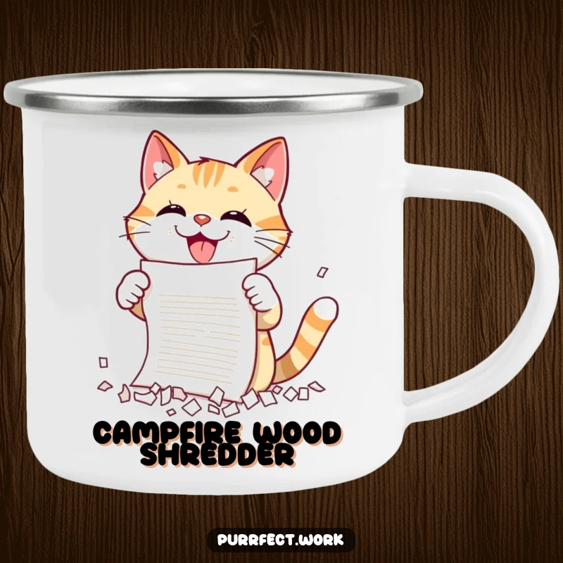 Funny cat shredding camping mug showing a gleeful cat tearing paper, perfect for enjoying drinks outdoors with a touch of wild humor.