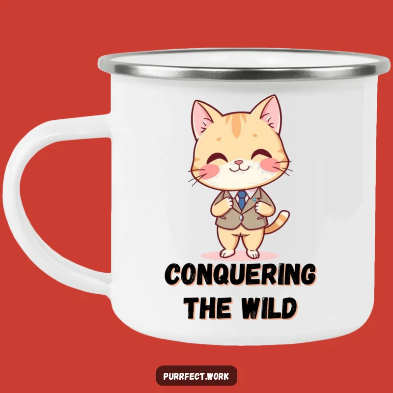 Funny Cat Boss Camping Mug: Dapper Feline in Suit, Desk Authority Outdoors